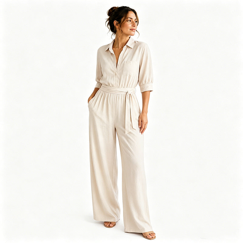 Jumpsuit för damer med halvlånga ärmar och vida ben