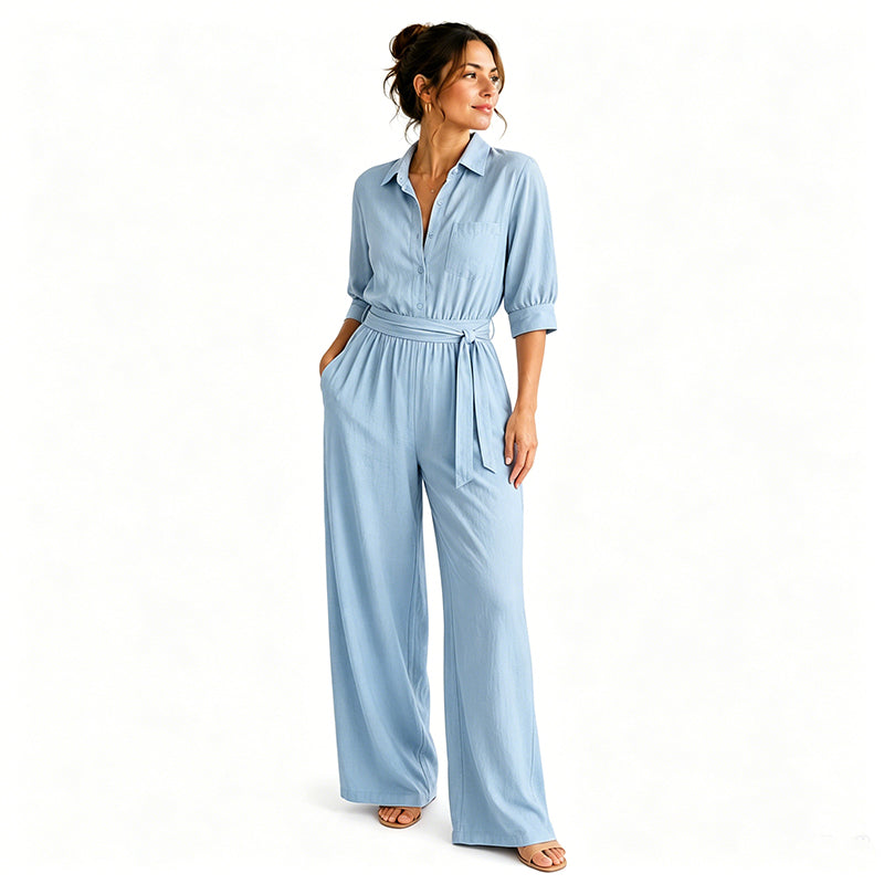 Jumpsuit för damer med halvlånga ärmar och vida ben