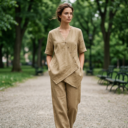 Set med asymmetrisk topp och byxor med vida ben för damer