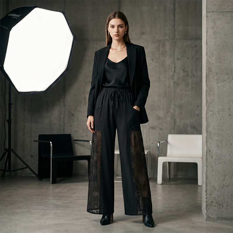👖✨ Eleganta spetsbyxor med avslappnad passform och fickor