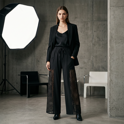 👖✨ Eleganta spetsbyxor med avslappnad passform och fickor