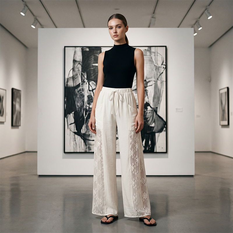 👖✨ Eleganta spetsbyxor med avslappnad passform och fickor
