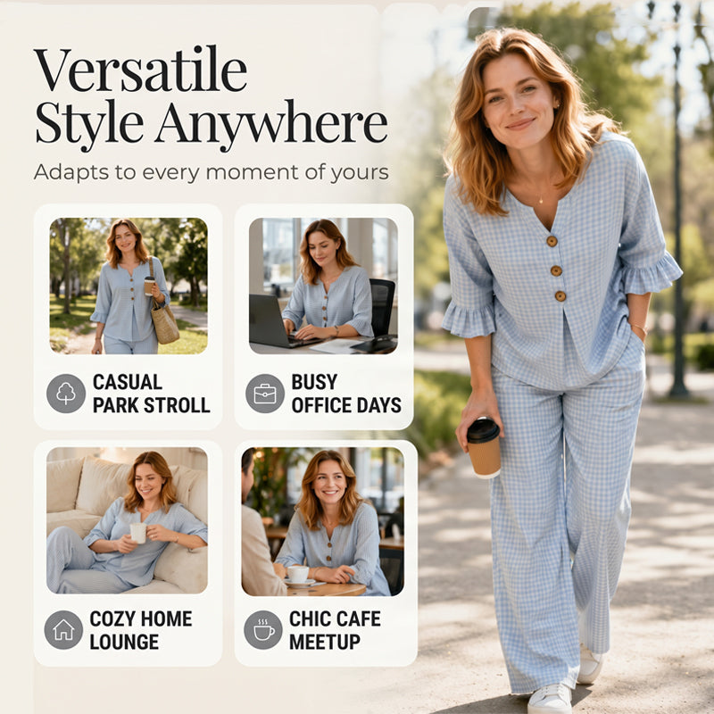 Set med V-ringad topp med volangärmar och byxor i rutmönster för damer