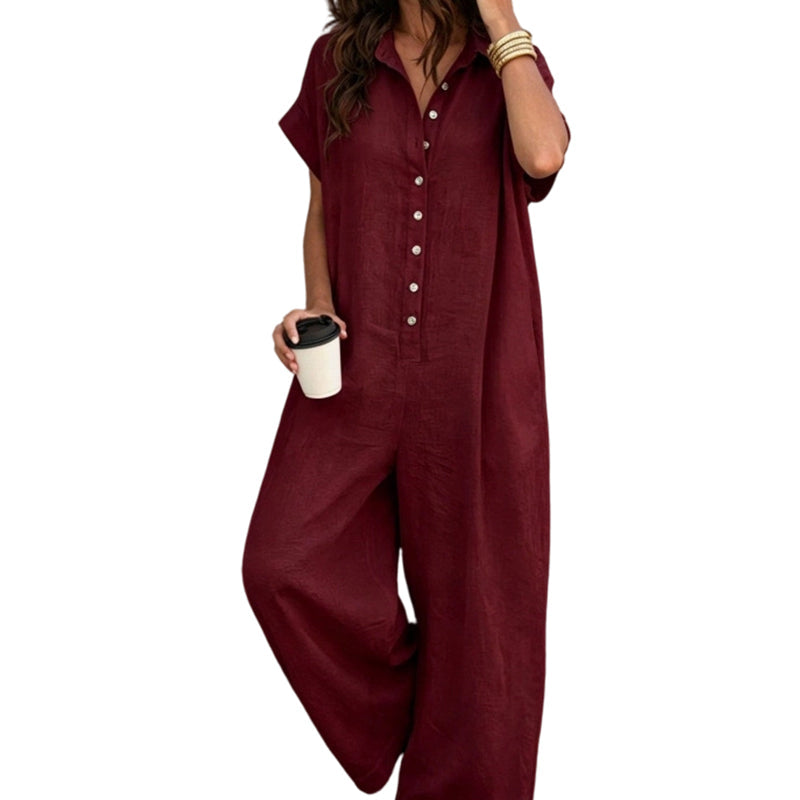 Löst sittande kortärmad jumpsuit med knappar för damer