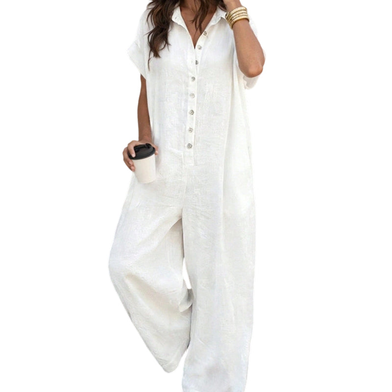 Löst sittande kortärmad jumpsuit med knappar för damer