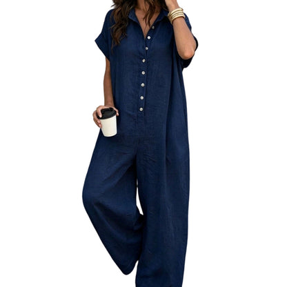 Löst sittande kortärmad jumpsuit med knappar för damer
