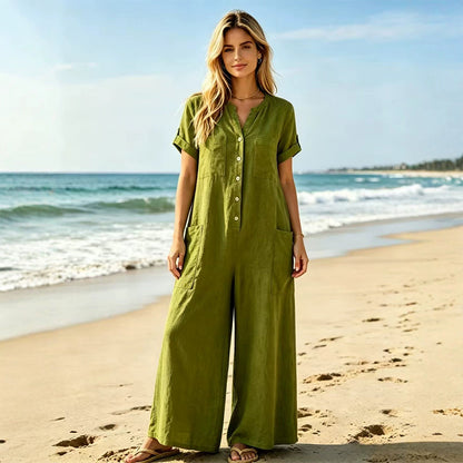 Jumpsuit för damer i ledig stil med korta ärmar och vida ben