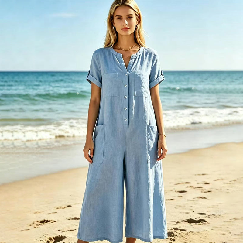 Jumpsuit för damer i ledig stil med korta ärmar och vida ben