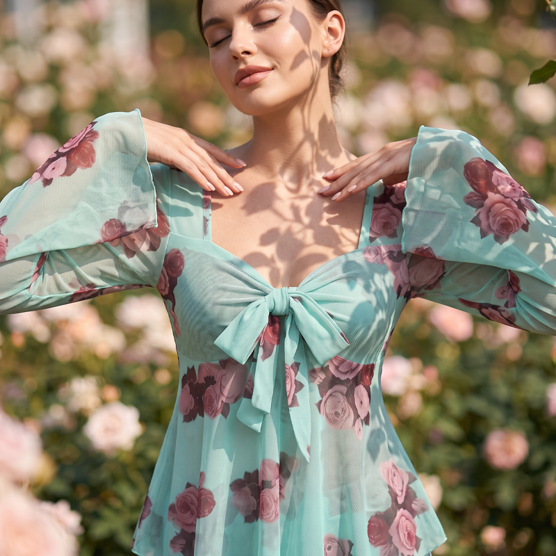 Blus för damer med blommönster, fyrkantig halsringning och knytning framtill
