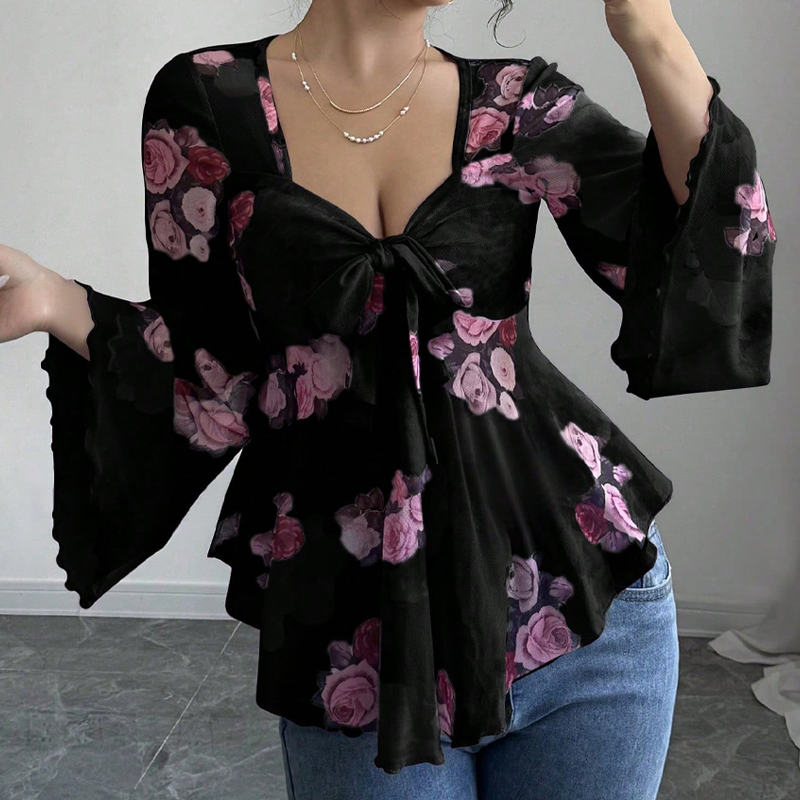 Blus för damer med blommönster, fyrkantig halsringning och knytning framtill