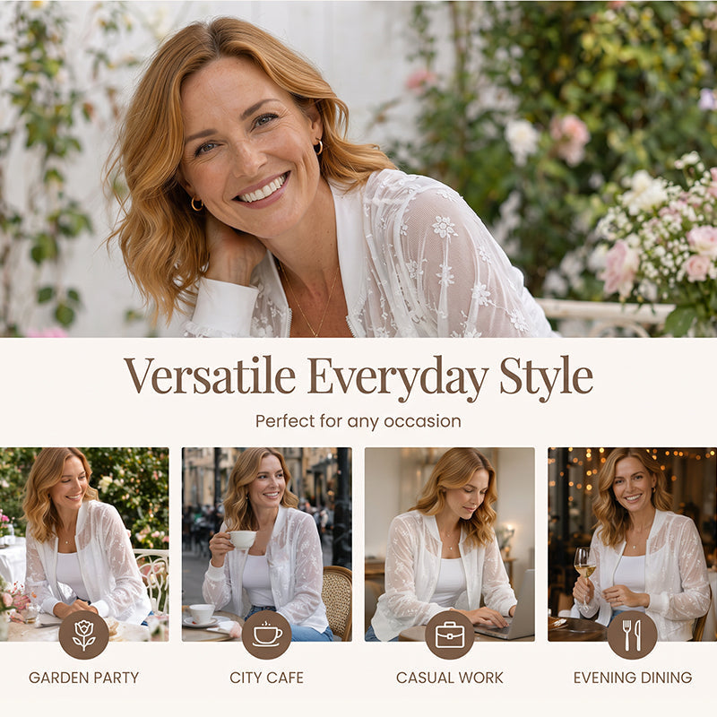 Baseballjacka för damer i genomskinlig blommig spets med dragkedja