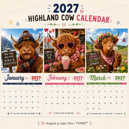 🐮 50% RABATT – ENDAST 179 KR! Rolig väggkalender med höglandskor för 2027 – A4-hängkalender – 12 charmiga motiv – perfekt för hemmet, kontoret eller som present 🌾✨