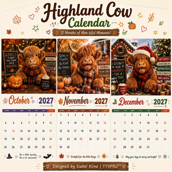 🐮 50% RABATT – ENDAST 179 KR! Rolig väggkalender med höglandskor för 2027 – A4-hängkalender – 12 charmiga motiv – perfekt för hemmet, kontoret eller som present 🌾✨