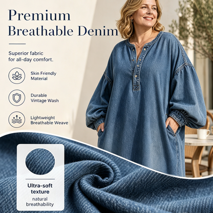 Maxiklänning i denim med långa lanternärmar för damer