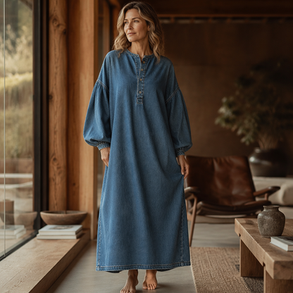 Maxiklänning i denim med långa lanternärmar för damer