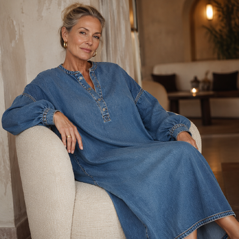 Maxiklänning i denim med långa lanternärmar för damer
